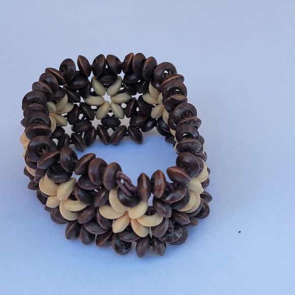 Vintage wood bead bracelet floral stretch 70s boho natural hippie style - Picture 9 of 10